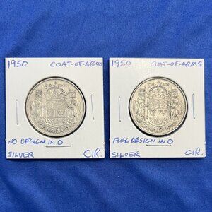 Rare Set of 2 Variant 1950 Canada Half Dollar Silver Coins!